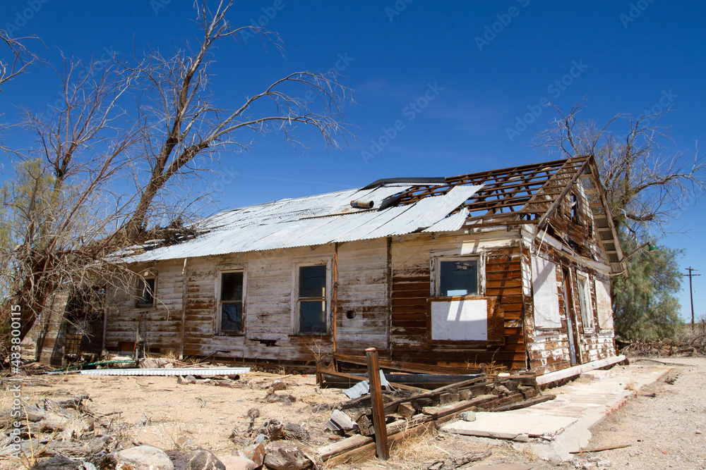 Destroyed Ranch unsafe abandoned ranch style house wooden frame sits weathered and worn ...