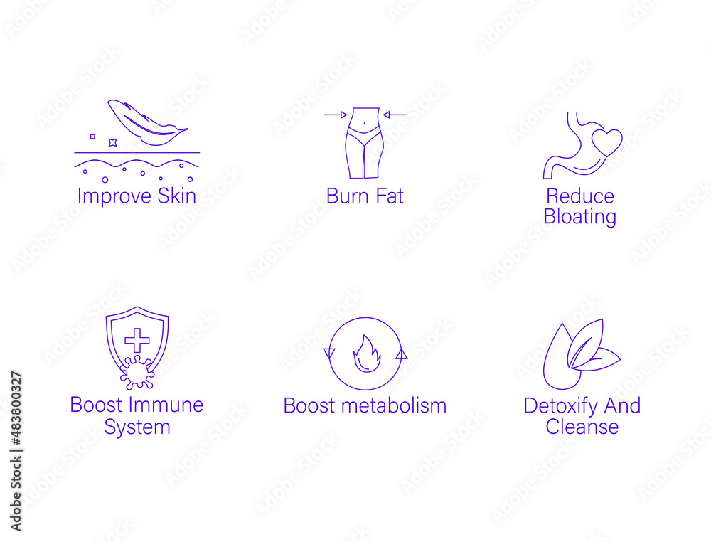 improve skin, burn fat, reduce bloating, boost the immune system, boost metabolism, detoxify and cleanse icon set vector
