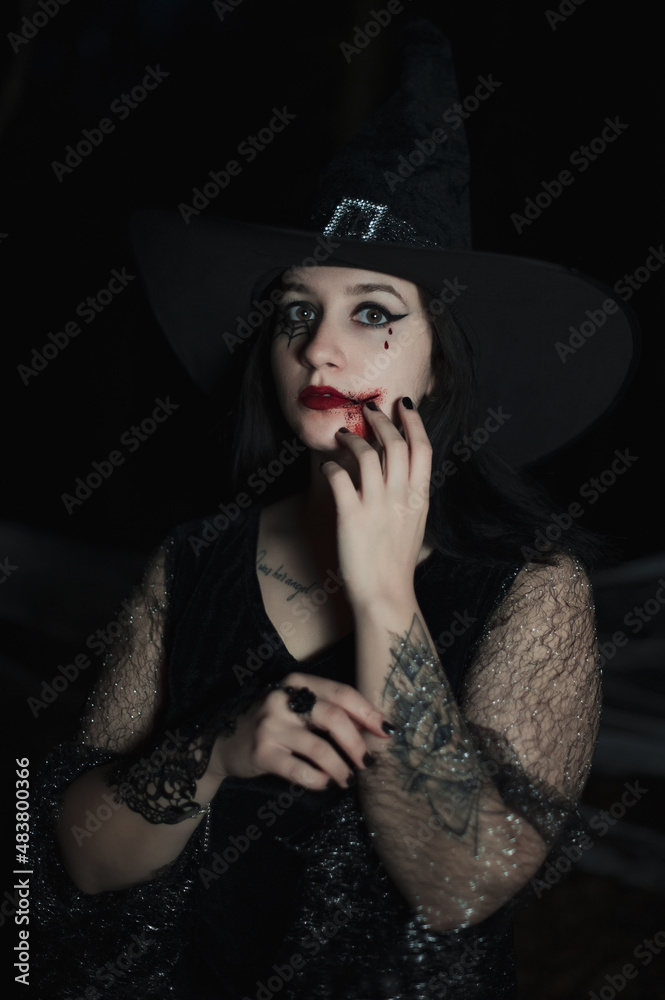 Sexy halloween portrait of brunette haired woman with hat on her head, makeup with fake blood. Dark forest background. Sexy halloween portrait of brunette haired woman with hat on her head, makeup with fake blood. Dark forest background.