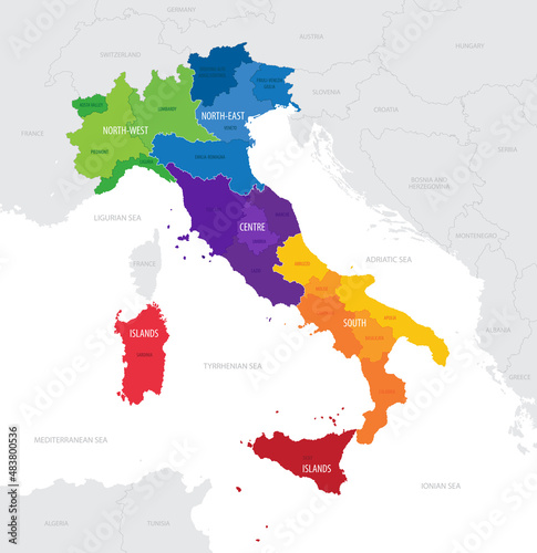 Map of the macroregions of Italy and with current administrative regions  detailed vector illustration