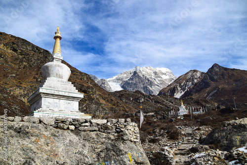 Traditional old buddhist stupa in the Himalaya mountains. Tamang Heritage Trail and Langtang trek day 9 from Kyanjin Gumpa to Langtang