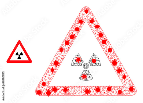 Mesh radioactivity warning in lockdown style. Mesh carcass radioactivity warning image in low poly style with combined lines and red covid items.