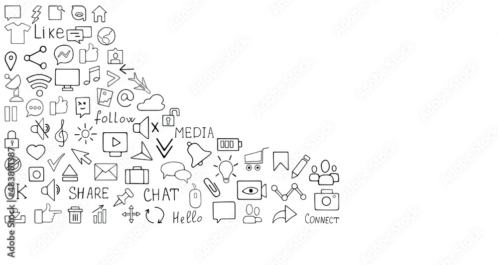 An isolated doodle-style social media set on a white background. Vector contour illustration. Can be used as characters or symbols. Decoration element. Hand-drawn black sketch.