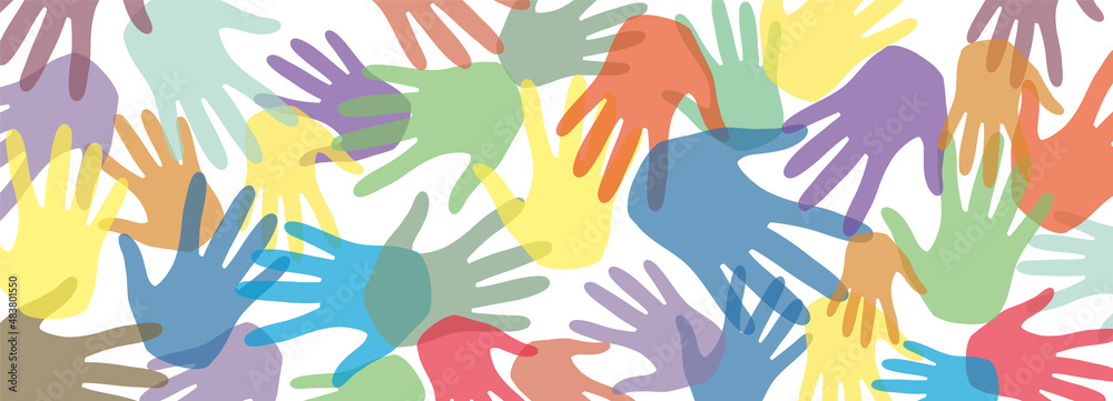 Fototapeta premium Hands banner colorful vector background. Concept of teamwork, solidarity, volunteer, vote, group, friendship, unity, company, partnership, business