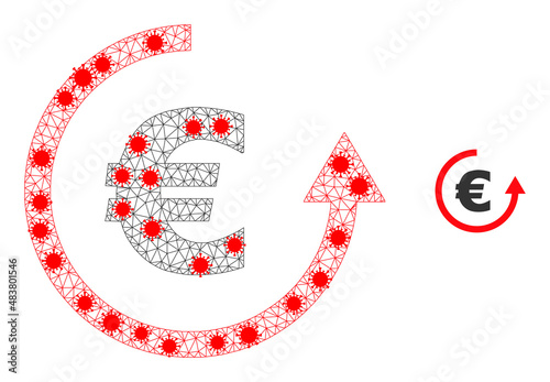 Net euro refund with outbreak style. Mesh wireframe euro refund image in lowpoly style with structured lines and red infection items. Vector model is created from euro refund with infection centers.