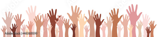 Hands up skin tone silhouettes raised up vector set banner. Multinational international concept of team, volunteer, vote, group, friendship, unity, group, association, company, partnership