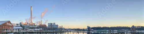 panorama at pier at sunrise in the port of Flensburg, Schleswig Holstein, Northern Germany