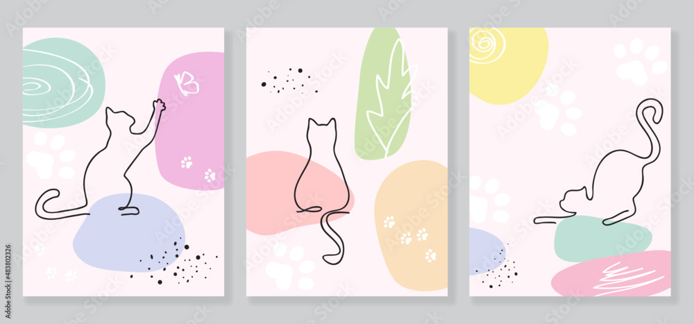 Set of vector wall art drawing with cats in one line style and abstract shapes in pastel colors. 
Design for print, cover, minimalistic and natural wall art, for bedroom or children's room.