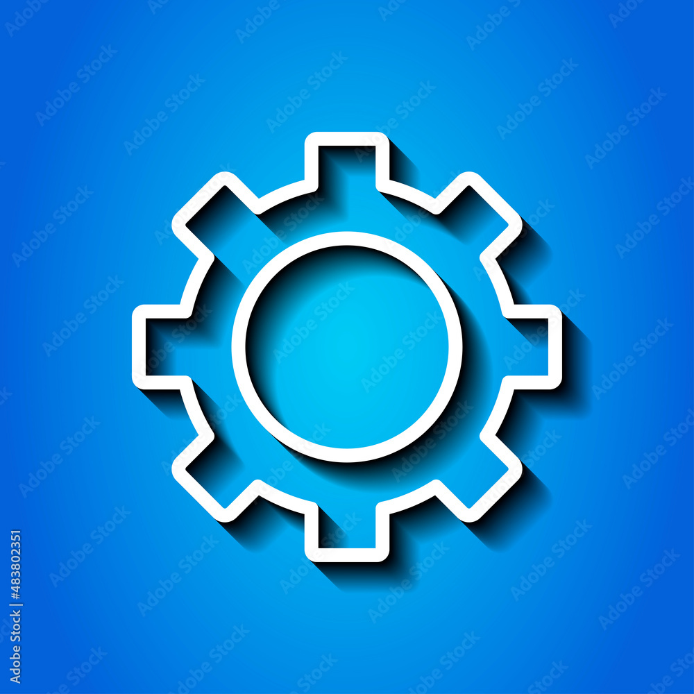 Gear simple icon vector. Flat desing. White icon with shadow on blue background.ai