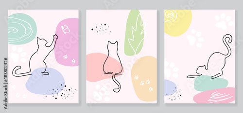 Set of vector wall art drawing with cats in one line style and abstract shapes in pastel colors. 
Design for print, cover, minimalistic and natural wall art, for bedroom or children's room.