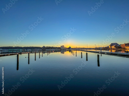 pier at sunrise in the port of Flensburg, Schleswig Holstein, Northern Germany © Hans Hansen