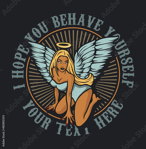 Color vector illustration of an angel girl with wings in the dark background.