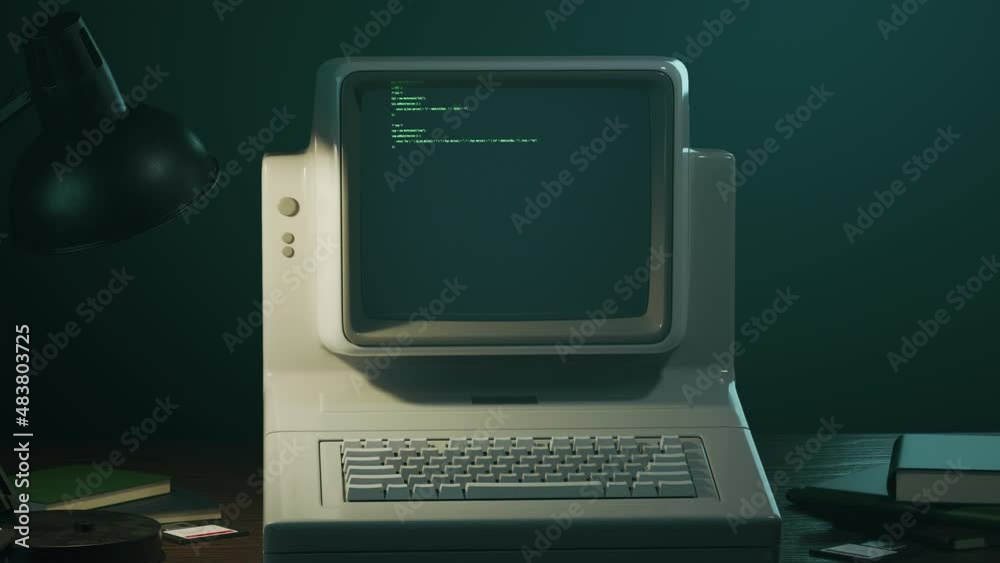 Old personal computer or PC zooming out. Source code running on screen, display. Dynamic noise, glitch effects. Table lamp light. Retro style composition. Vintage 70s, 80s monitor. 3D Render animation