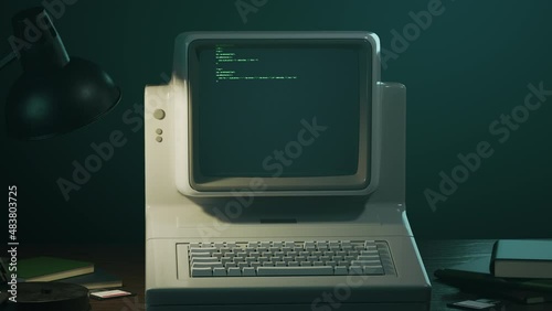 Old personal computer or PC zooming out. Source code running on screen, display. Dynamic noise, glitch effects. Table lamp light. Retro style composition. Vintage 70s, 80s monitor. 3D Render animation