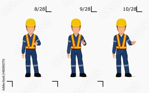 An industrial worker is explaining something on the floor