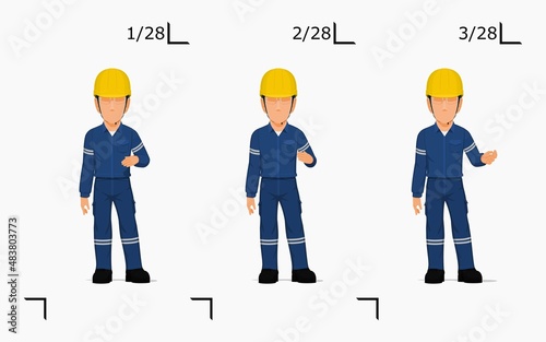 An industrial worker is explaining something on the floor