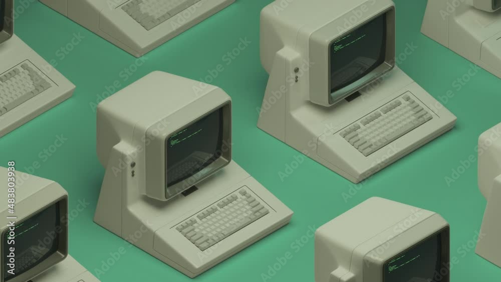 Old PC or personal computers with keyboard dynamic motion. Abstract 3D Render pattern. Source code on screens, displays. Green, white colors. Vintage 80s, 90s retro style 4K seamless loop animation
