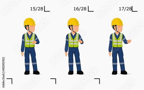 An industrial worker is explaining something on the floor