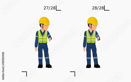 An industrial worker is explaining something on the floor