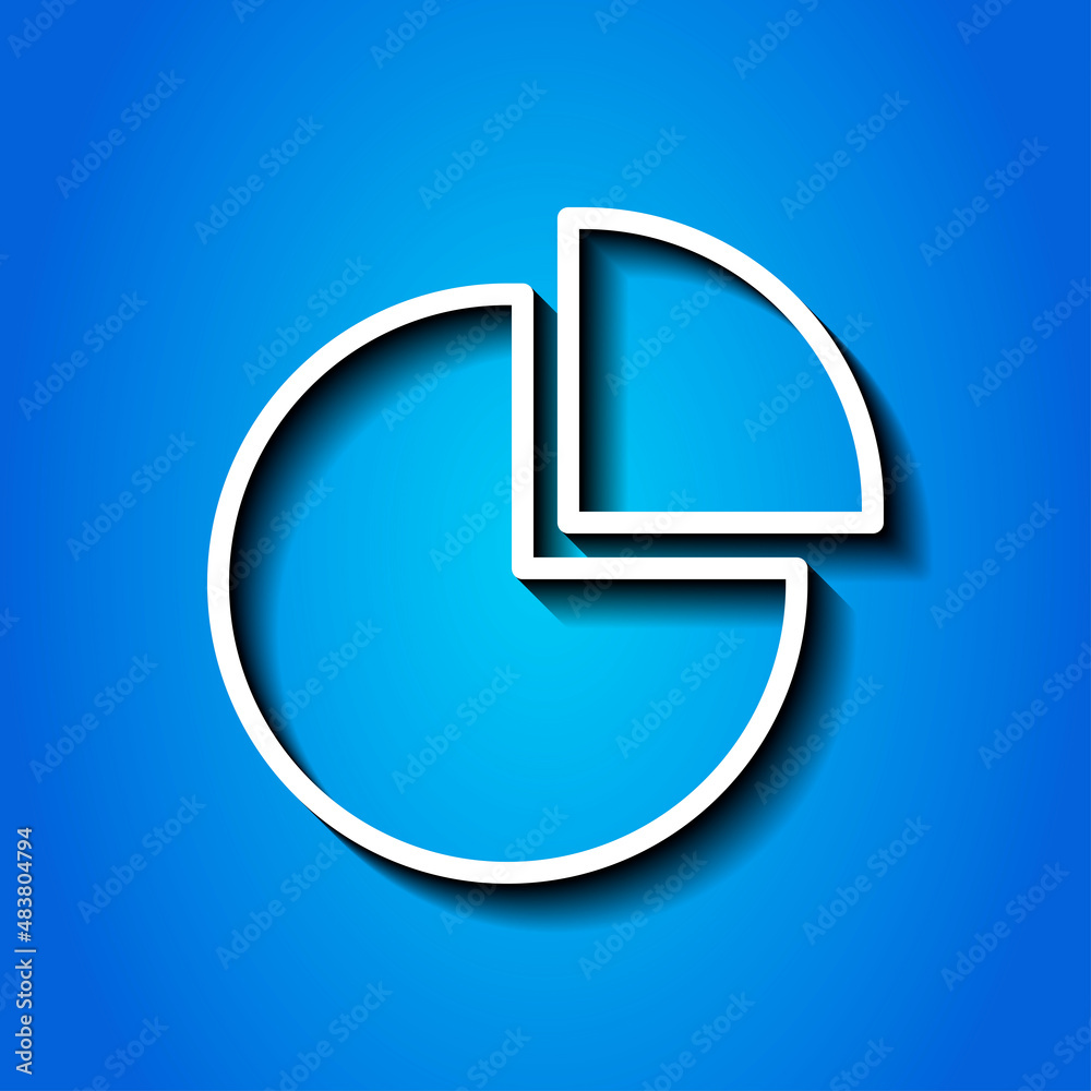 Pie Chart simple icon. Flat desing. White icon with shadow on blue background.ai