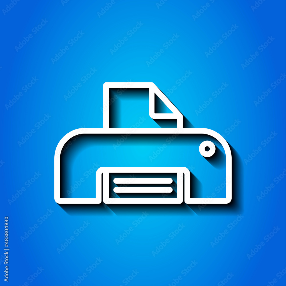 Printer, print simple icon. Flat desing. White icon with shadow on blue background.ai Printer, print simple icon. Flat desing. White icon with shadow on blue background.ai