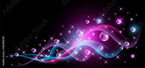 Fantastic flying bubbles and fantasy waves with sparkling stars on black violet background