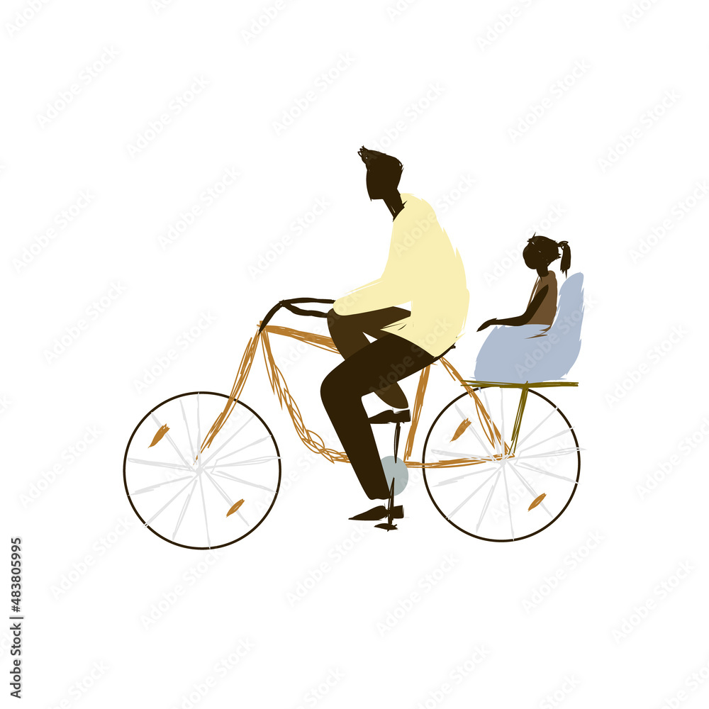 African on a bike. Vector cyclist. Father and daughter ride a bike. Illustration for print, postcard, design, sticker6 poster. African on a bike. Vector cyclist. Father and daughter ride a bike. Illustration for print, postcard, design, sticker6 poster.