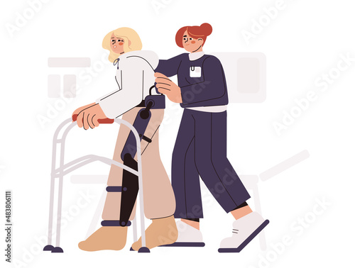 Flat physiotherapy doctor help patient to walk with rehab walkers. Physiotherapist support woman after surgery. Medical rehabilitation concept. Exercises for recovery and mobility leg after injury.