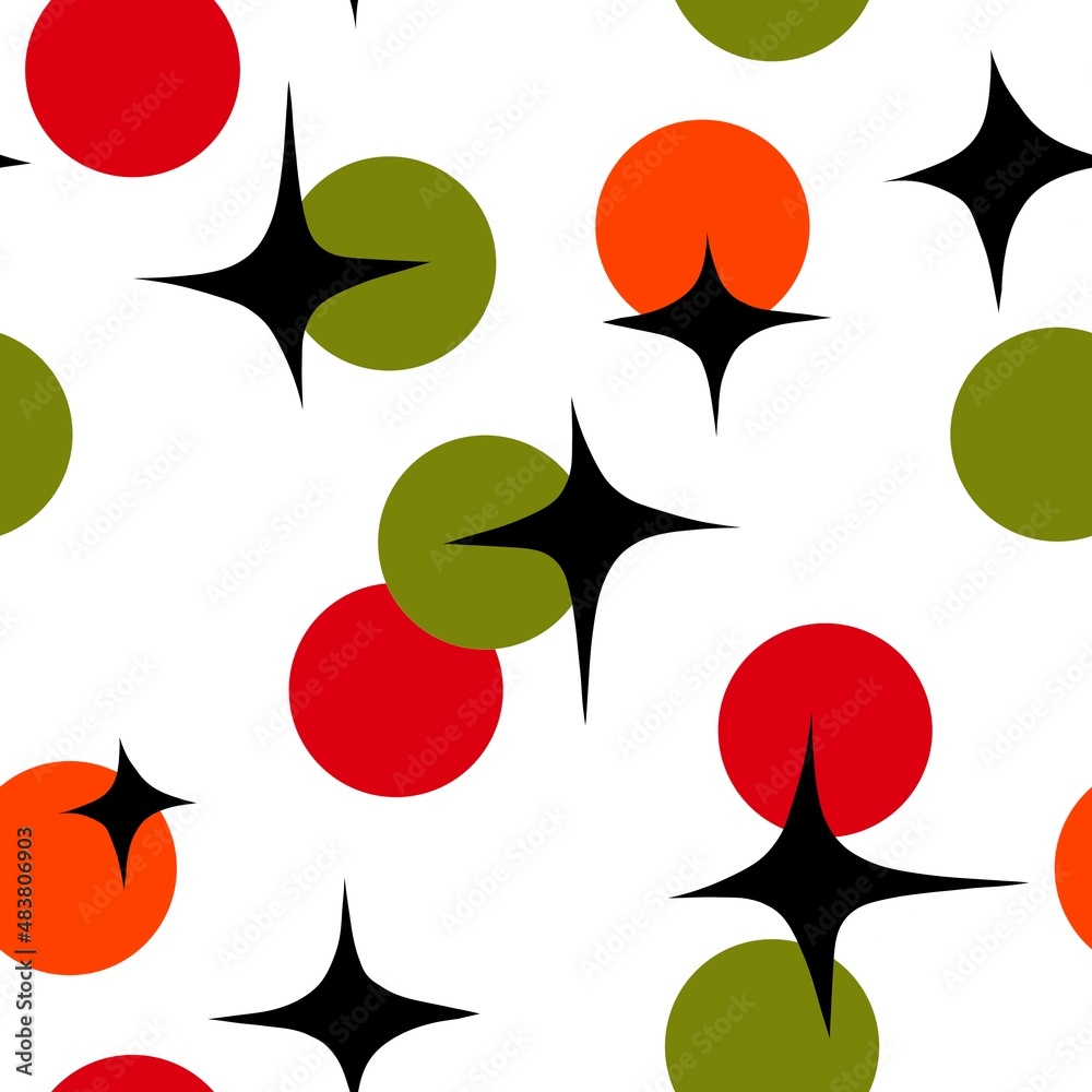 Seamless hand drawn mid century modern pattern in red green orange ...