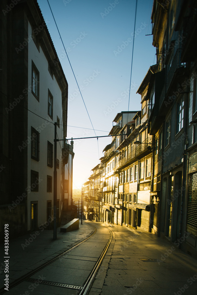 View of deserted morning streets of the old city, Porto, Portugal.