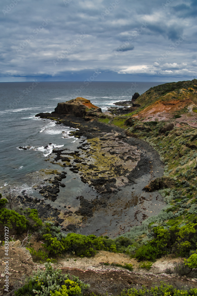 Cape Schanck, the southernmost point of Mornington Peninsula, Victoria, Australia. Dark cliffs and threatening thunderclouds
