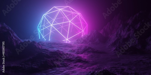 Fotografija Mountain terrain landscape with pink and blue neon light glowing triangle sphere