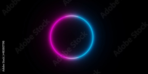 Modern, abstract round circle blue and pink neon light frame over black background