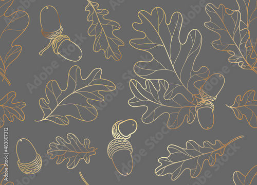 Gold oak leaves with acorn seamless vector background. Golden line abstract fall leaf shapes on dark background. Elegant, luxurious pattern for scrap booking, banners, packaging, wedding.