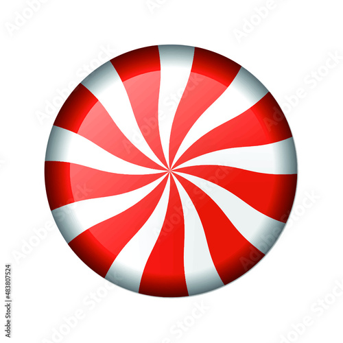 Sweet striped Red round peppermint candy caramel without wrapper. Vector illustration isolated on white background. Design element for patisserie, dessert, web, app, Christmas, New year, holiday.