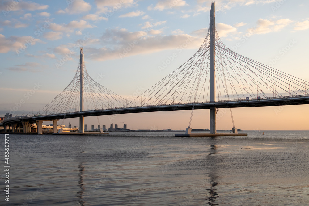 Cable-stayed bridge of the western high-speed diameter in the soft color of a sunset. Saint Petersburg.