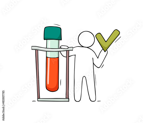 Cartoon character holding test tube with blood.