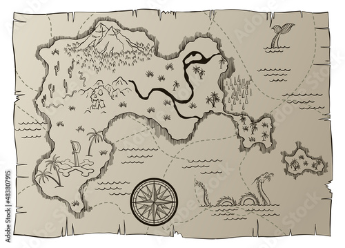 Antique treasure map. Cartoon island map template for next level game - adventures quest or treasure hunt. Pirate grunge map with windrose and dragon. Hand drawn vintage vector illustration