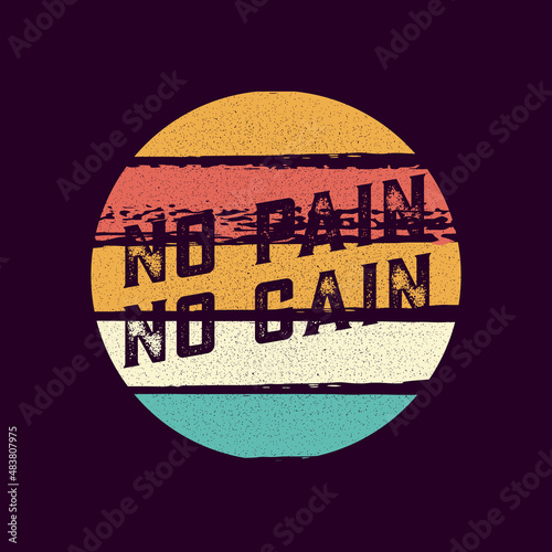 Hand drawn barbell textured vector illustration and "No pain - no gain" inspirational lettering.