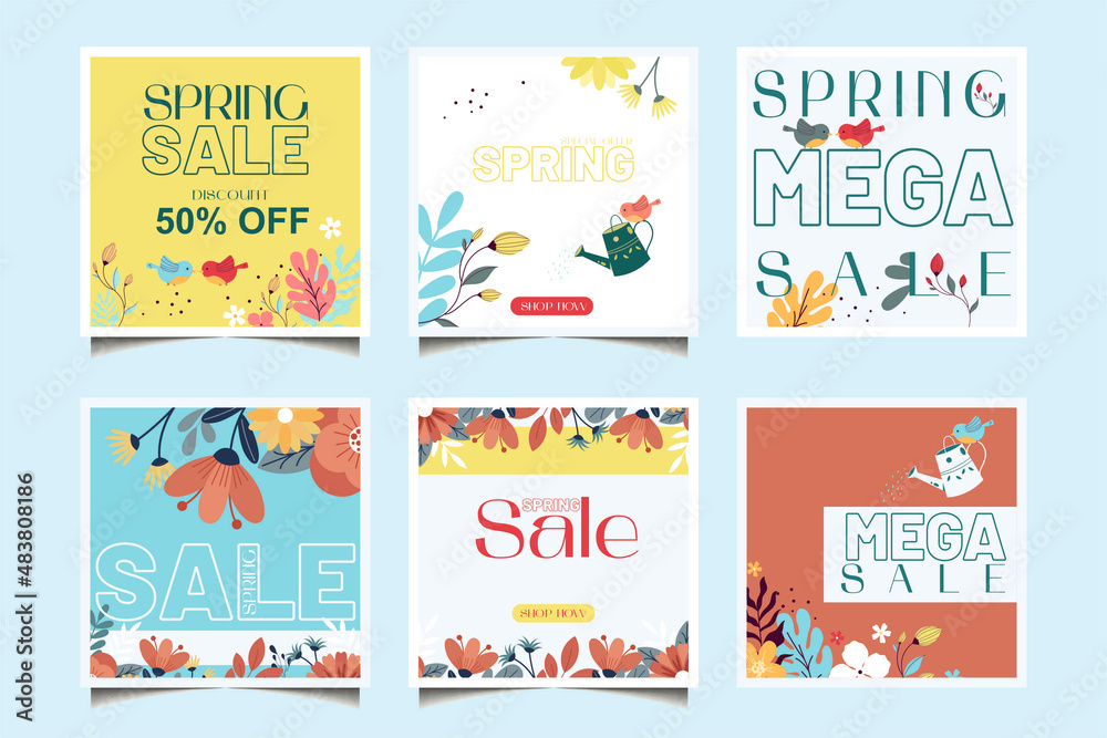 Naklejka premium spring discounts, big discounts, instagram posters, collection of discount templates, spring flowers, bright spring templates, birds, spring,shop now