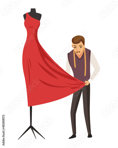 Dressmaker. Male tailoring, measuring and sewing for his customers. Clothing designer work, dressmaking process vector illustration. Custom clothing and accessories