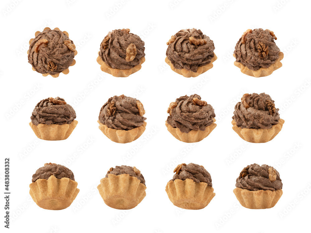 Top, side and back views of chocolate cupcake with nuts isolated on white background Top, side and back views of chocolate cupcake with nuts isolated on white background