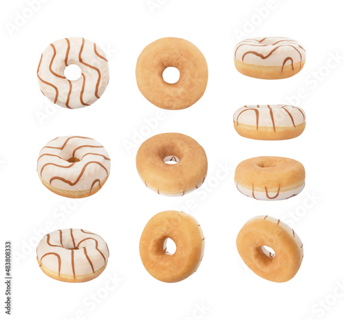 Top, side and back views of ring doughnut glazed and decorated with chocolate and isolated on white