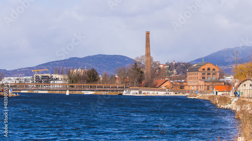 View of the area around the old factory Seifenfabrik at the shore of river Mur in the city of Graz, Austria