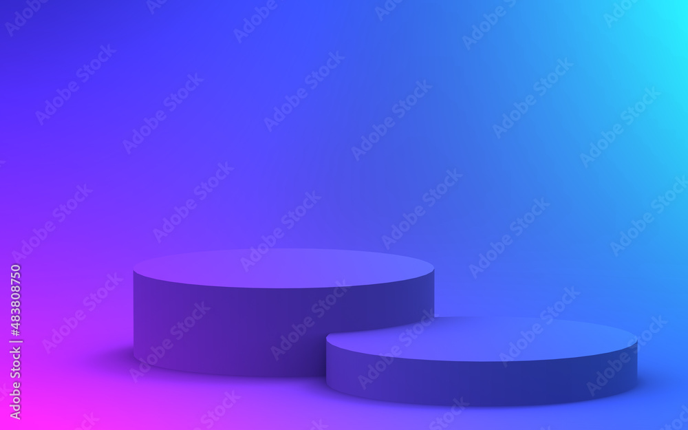3d purple blue neon light cylinder podium minimal studio gradient dark colors background. Abstract 3d geometric shape object illustration render. Display for nightclub party and technology product. 3d purple blue neon light cylinder podium minimal studio gradient dark colors background. Abstract 3d geometric shape object illustration render. Display for nightclub party and technology product.