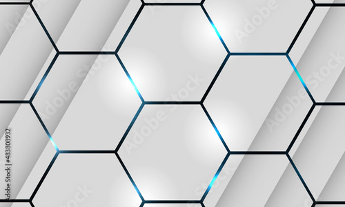 Fototapeta Naklejka Na Ścianę i Meble -  White 3d hexagonal technology vector abstract background. Blue bright energy flashes under hexagon in modern technology futuristic vector illustration. White honeycomb texture grid background.