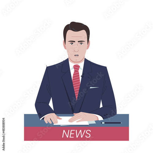 News anchor. Cartoon white male newsreader character is isolated on a white background. Vector illustration. Television concept.