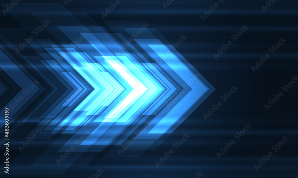 Obraz premium Blue arrows movement high-speed futuristic abstract technology concept background. Dynamic motion blue hi tech digital arrows and light stripes. Vector illustration