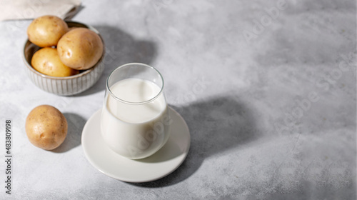 A glass of of potato milk on the grey background. Plant-Based Potato Milk Alternative  Vegan Milk  copy space for text