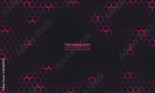 Dark gray hexagonal technology vector abstract background. Pink bright energy flashes under hexagon in modern futuristic technology background vector illustration. Dark gray honeycomb texture grid.